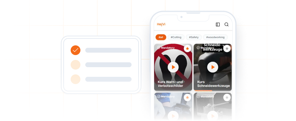 Illustration eines Smartphones mit der HejVi-App und einer Checklisten-Grafik daneben. Zeigt das Konzept des videobasierten, interaktiven Lernens mit HejVi.